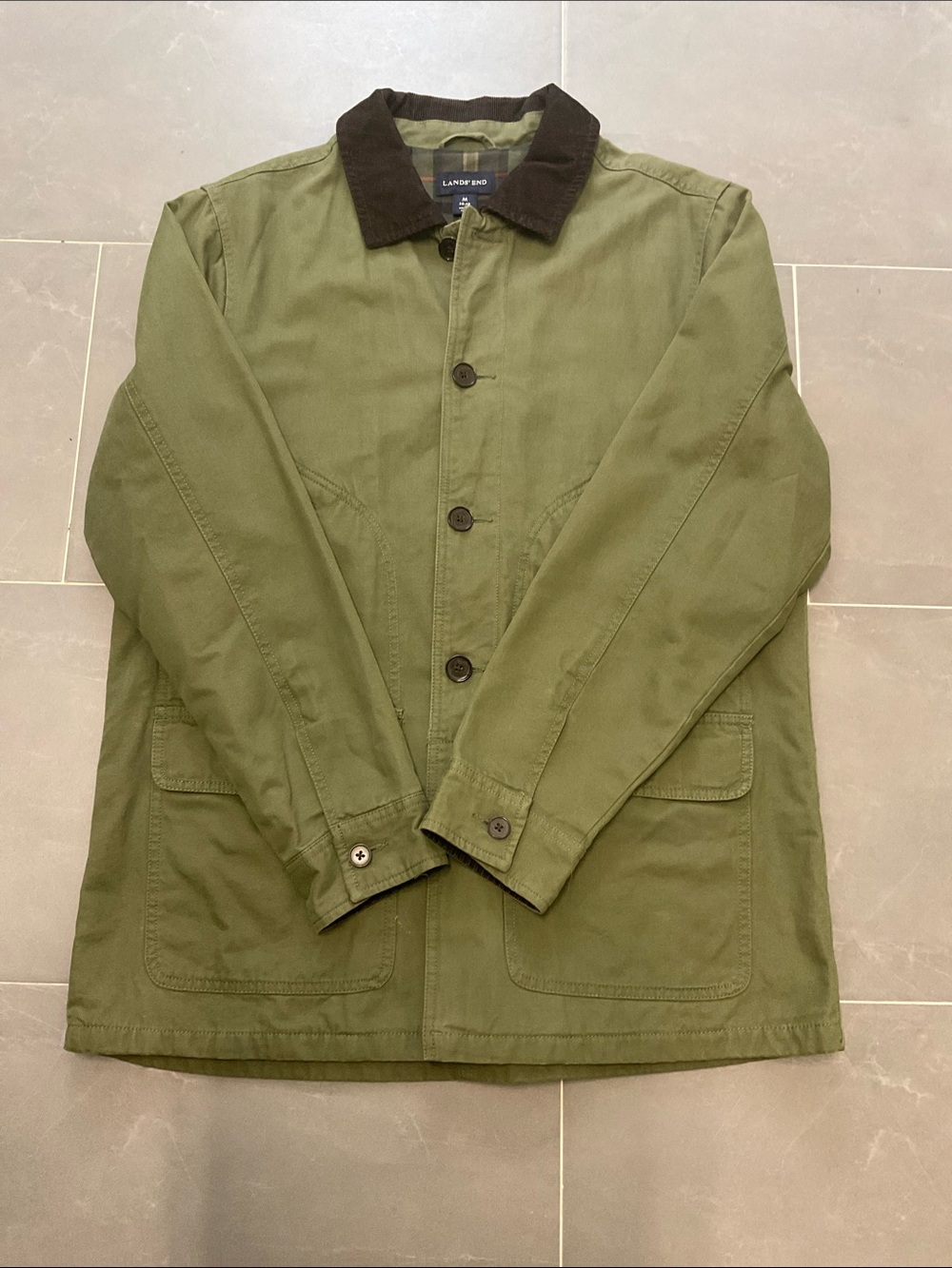 Lands' End Olive Green Field Jacket with Dark Brown Corduroy Collar (M) Like new